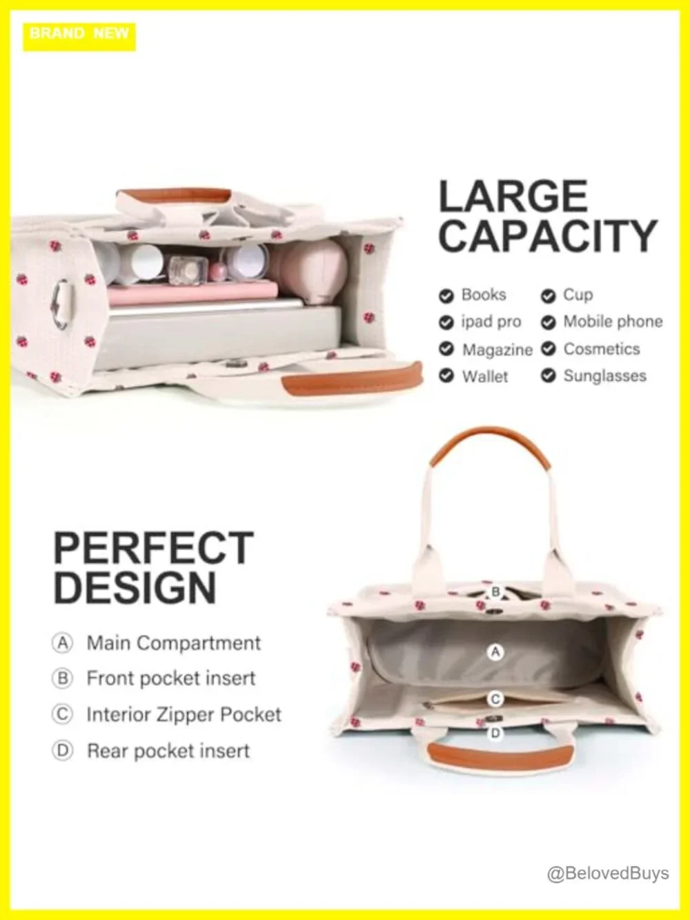 Canvas Tote Bag with Pockets Crossbody Shoulder Handbag Work Travel
